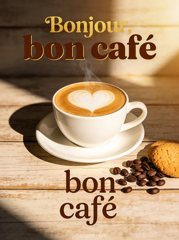 Tasse de café latte art en forme de coeur sur une table en bois rustique avec des grains de café et un biscuit avec le texte Bonjour bon café