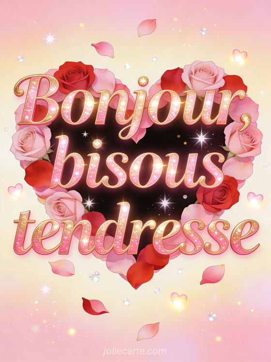 Pétales de roses roses et rouges formant un coeur avec des étoiles scintillantes et des petits coeurs lumineux avec le texte Bonjour bisous tendresse