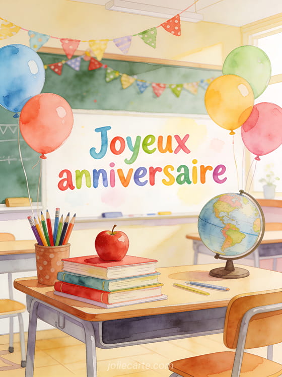 Le texte Joyeux anniversaire en lettres colorées aquarelle avec un bureau d'enseignant, des livres, une pomme rouge, un globe et des ballons