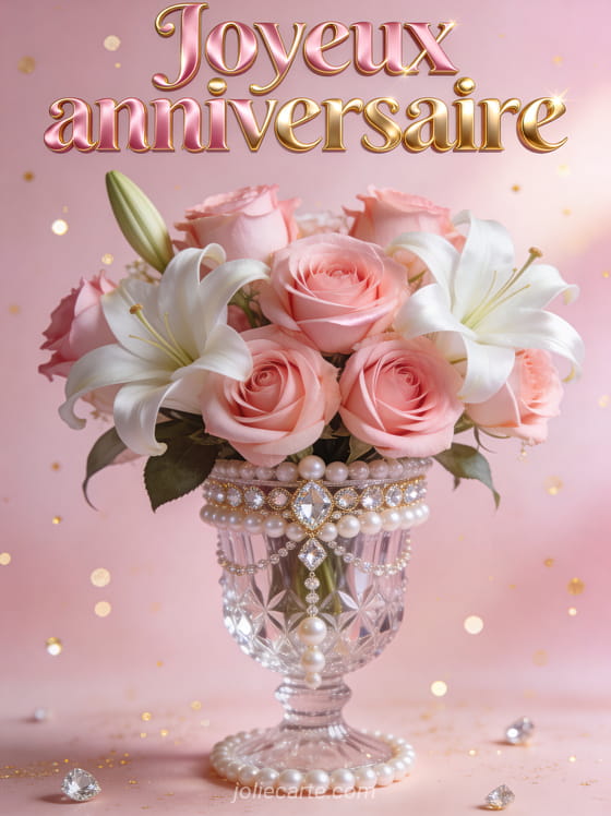 Le texte Joyeux anniversaire en lettres roses et dorées avec un bouquet de roses et de lys dans un vase en cristal sur fond rose poudré