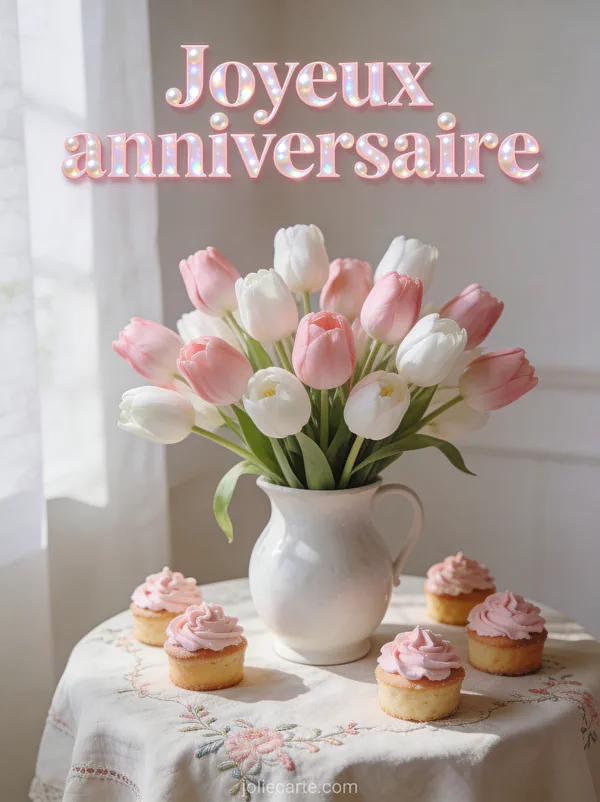 Le texte Joyeux anniversaire en lettres roses nacrées avec un bouquet de tulipes roses et blanches, des petits gâteaux et une nappe en lin brodé