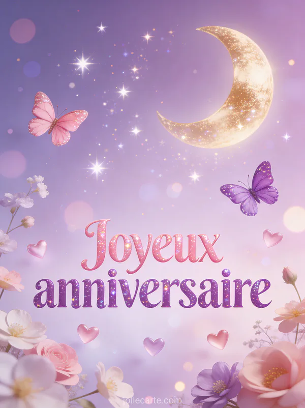 Le texte Joyeux anniversaire en lettres roses et violettes pailletées avec des étoiles, une lune dorée, des papillons et des coeurs flottants