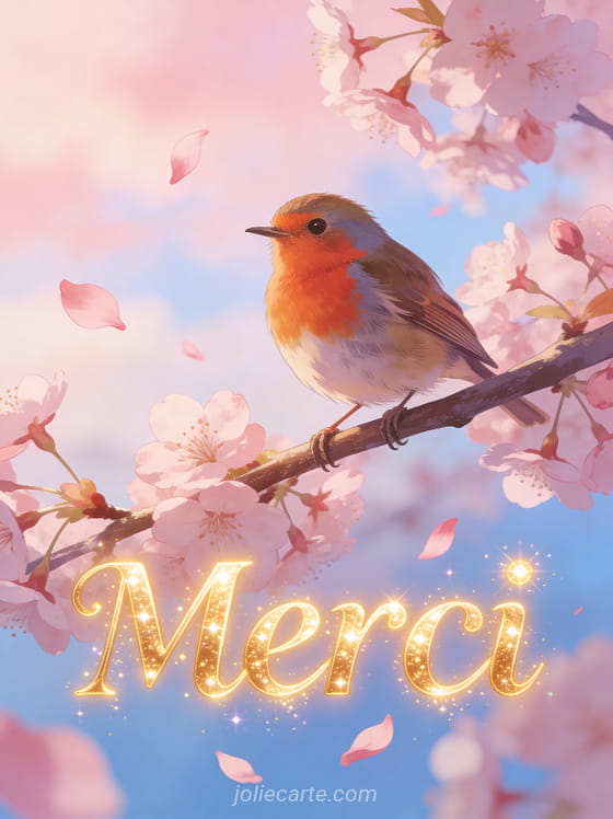 Rouge-gorge posé sur une branche de cerisier en fleurs avec le texte Merci en lettres lumineuses dorées et pétales roses volant dans la brise