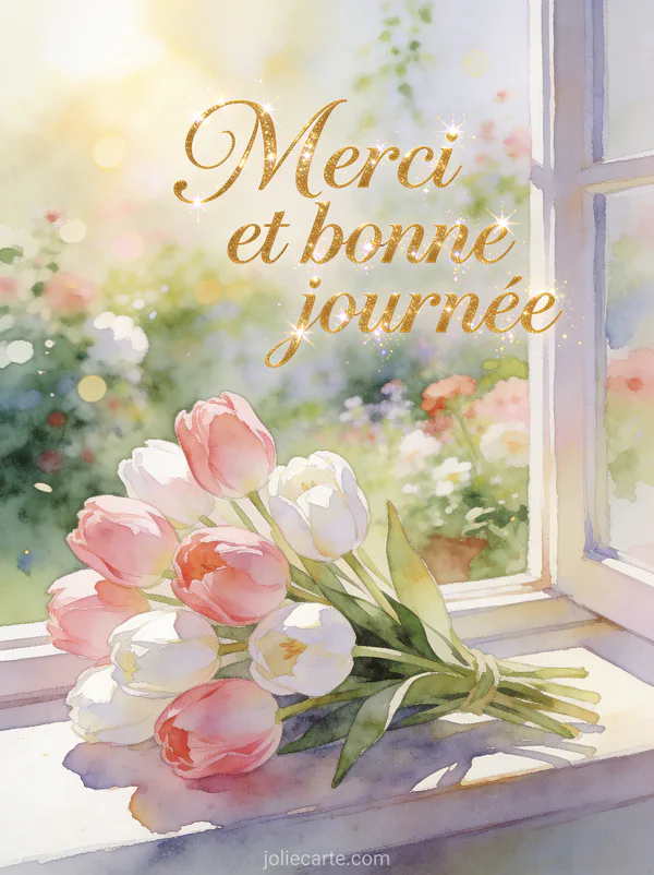 Bouquet de tulipes roses et blanches sur un rebord de fenêtre ensoleillé avec le texte Merci et bonne journée en lettres dorées