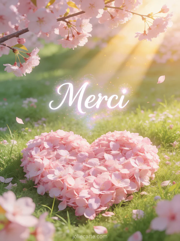 Grand coeur rose fait de pétales de cerisier dans une prairie printanière avec le texte Merci en lettres cursives blanches