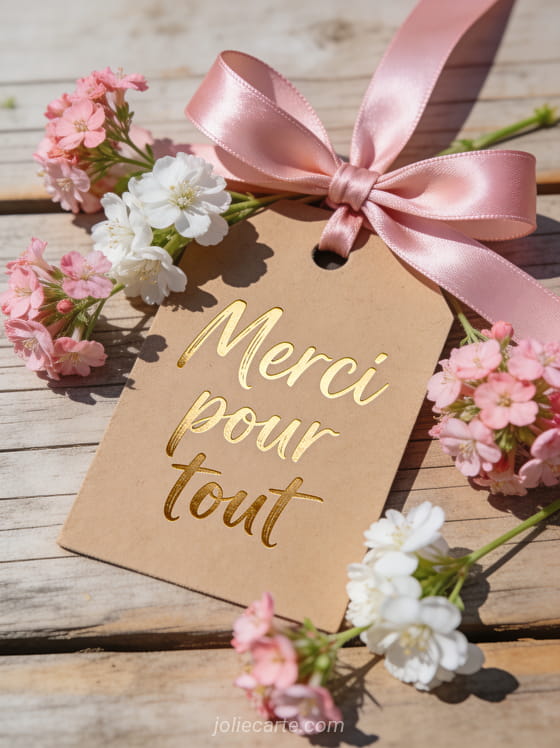 Etiquette kraft avec le texte Merci pour tout en lettres dorées manuscrites attachée par un ruban rose entourée de fleurs fraîches