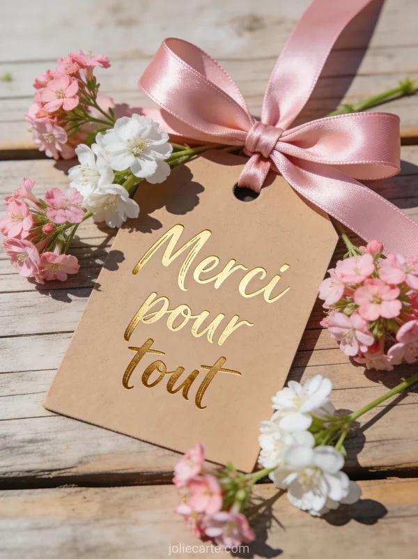 Etiquette kraft avec le texte Merci pour tout en lettres dorées manuscrites attachée par un ruban rose entourée de fleurs fraîches