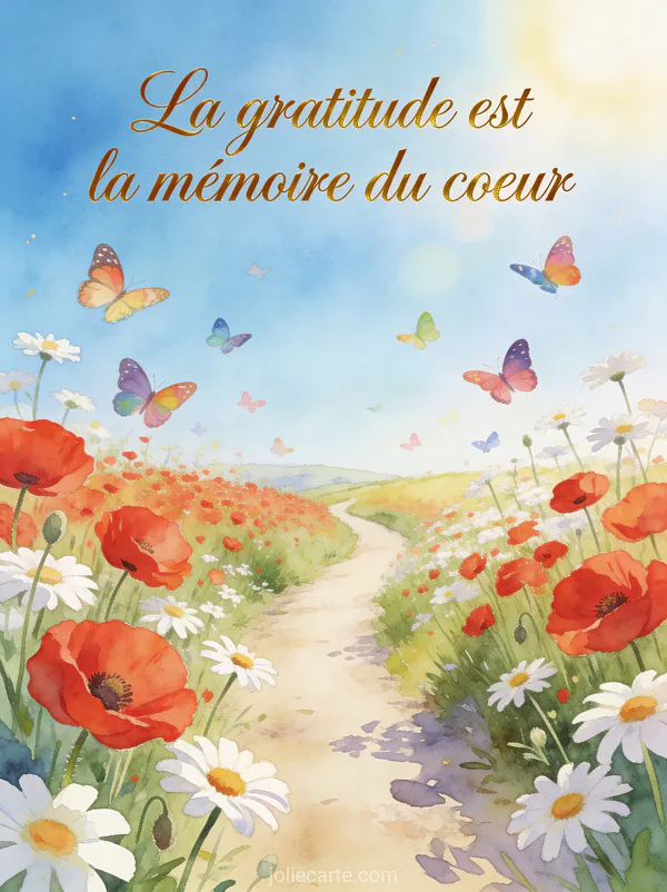 Chemin de campagne bordé de coquelicots et marguerites sous un ciel bleu avec le texte La gratitude est la mémoire du coeur