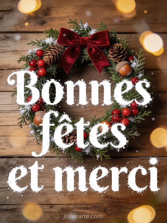 Couronne de Noël avec houx baies rouges et pommes de pin noeud en velours rouge avec le texte Bonnes fêtes et merci en lettres blanches scintillantes