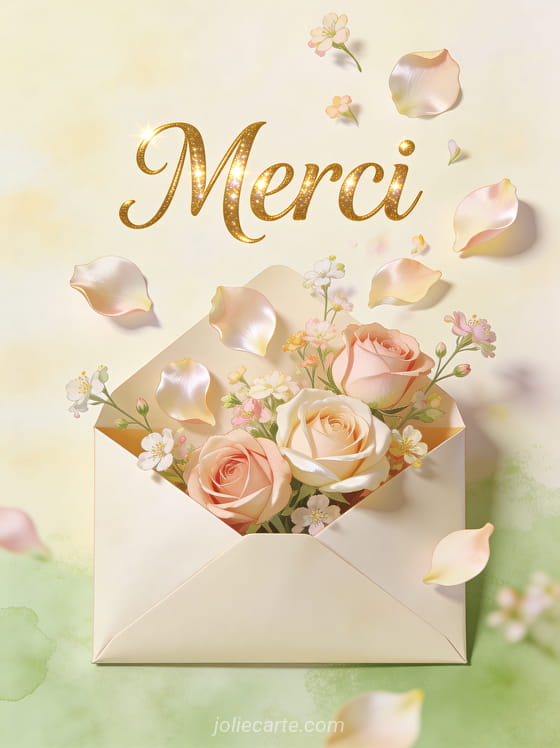 Enveloppe ouverte d'où s'échappent des pétales de roses et des fleurs printanières avec le texte Merci en lettres calligraphiées dorées