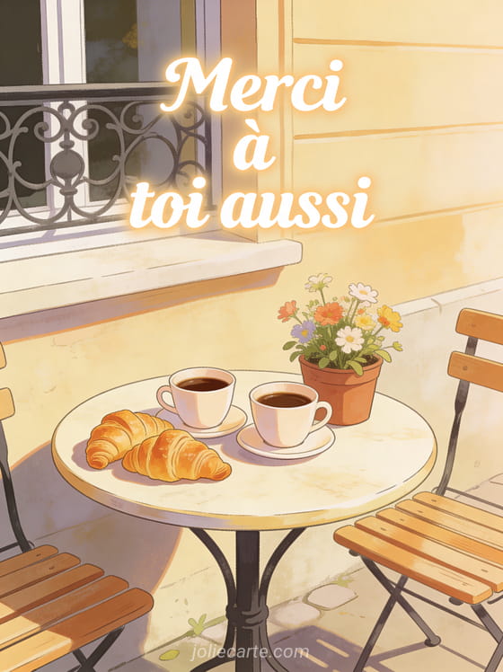 Deux tasses de café côte à côte sur une terrasse d'été avec croissants et fleurs avec le texte Merci à toi aussi en lettres blanches
