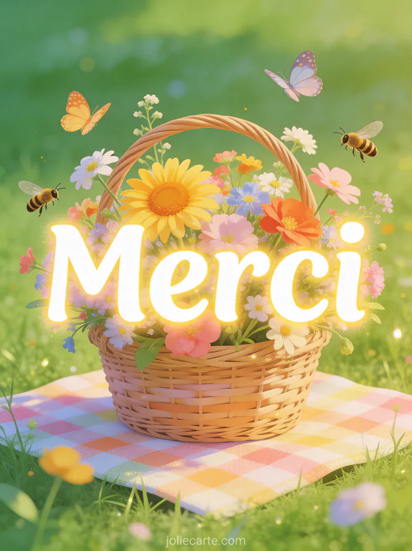 Panier en osier rempli de fleurs des champs dans un pré vert ensoleillé avec le texte Merci en lettres blanches lumineuses