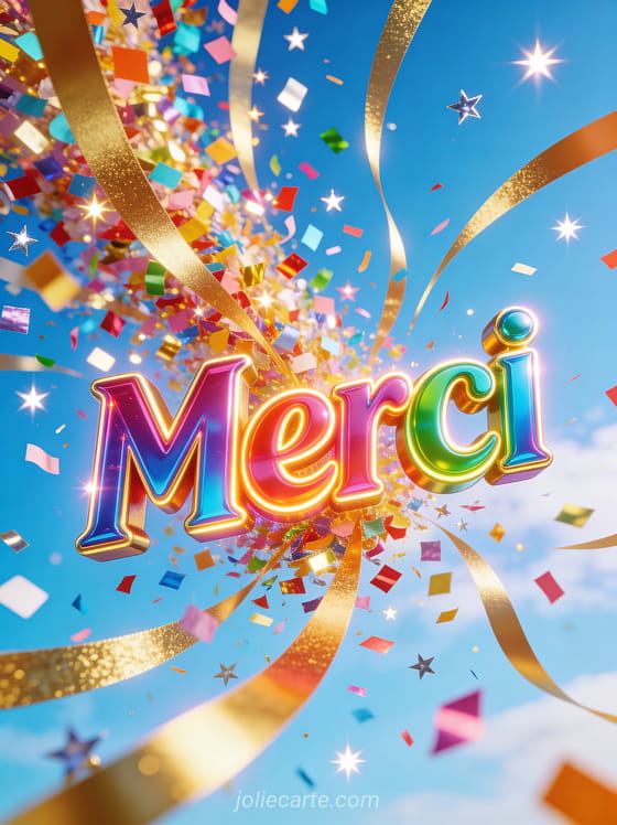 Texte Merci en grandes lettres colorées vives avec confettis multicolores et serpentins dorés sur fond de ciel bleu d'été