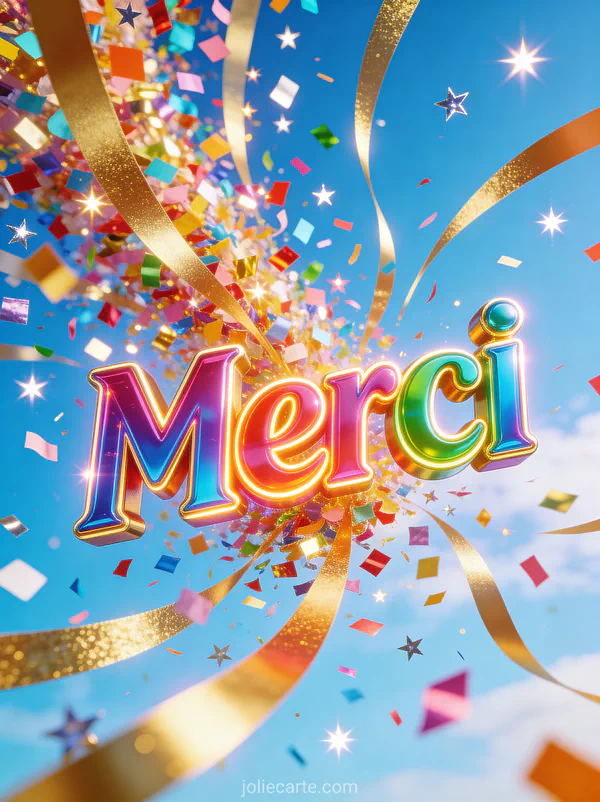 Texte Merci en grandes lettres colorées vives avec confettis multicolores et serpentins dorés sur fond de ciel bleu d'été