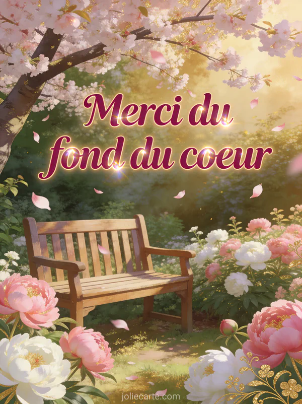 Jardin printanier avec des pivoines roses et un banc en bois sous un cerisier en fleurs avec le texte Merci du fond du coeur