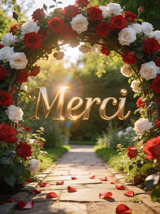 Arche de roses rouges et blanches dans un jardin d'été luxuriant avec le texte Merci en lettres dorées et lumière de golden hour