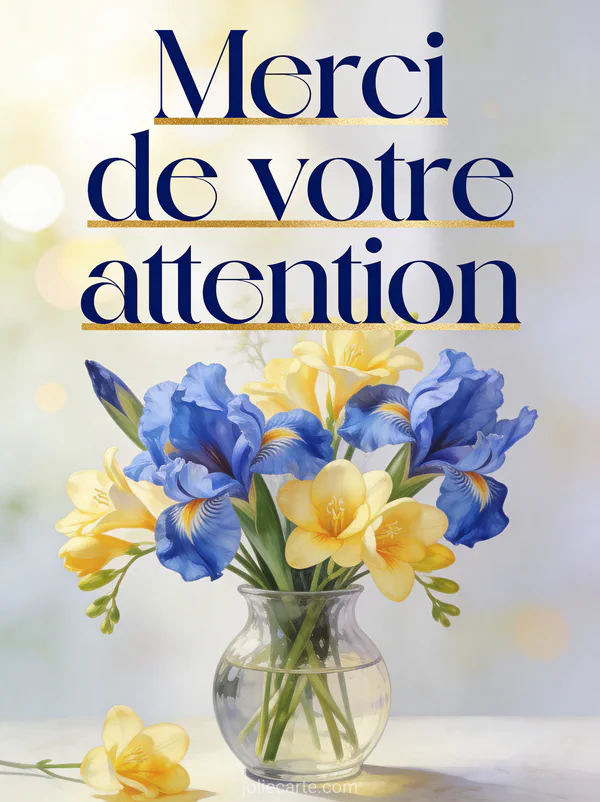 Composition florale d'iris bleus et de freesias jaunes dans un vase en verre avec le texte Merci de votre attention en lettres bleu marine