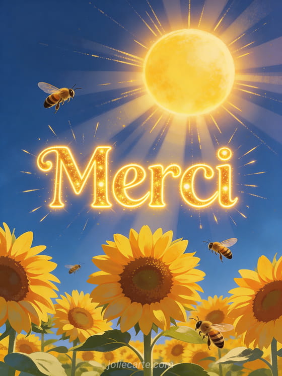 Grand soleil éclatant au-dessus d'un champ de tournesols en été avec le texte Merci en lettres lumineuses jaune doré et rayons de soleil