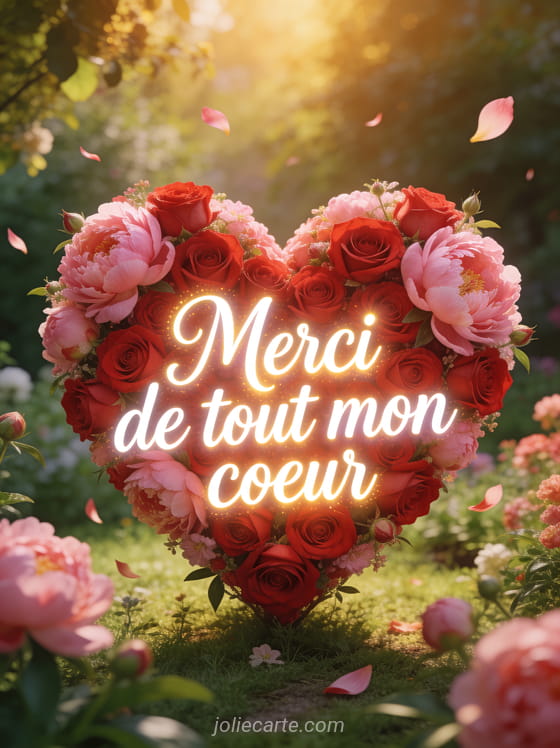 Grand coeur formé de roses rouges et pivoines roses dans un jardin printanier avec le texte Merci de tout mon coeur en lettres cursives blanches