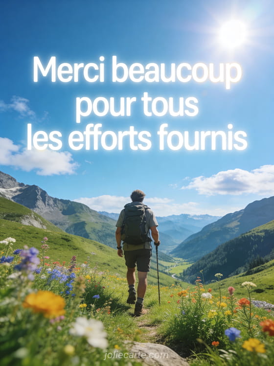 Chemin de randonnée en montagne d'été avec vue panoramique sur une vallée verdoyante et fleurs alpines avec le texte Merci beaucoup pour tous les efforts fournis