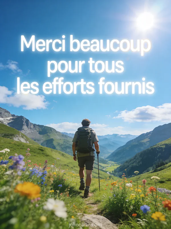 Chemin de randonnée en montagne d'été avec vue panoramique sur une vallée verdoyante et fleurs alpines avec le texte Merci beaucoup pour tous les efforts fournis