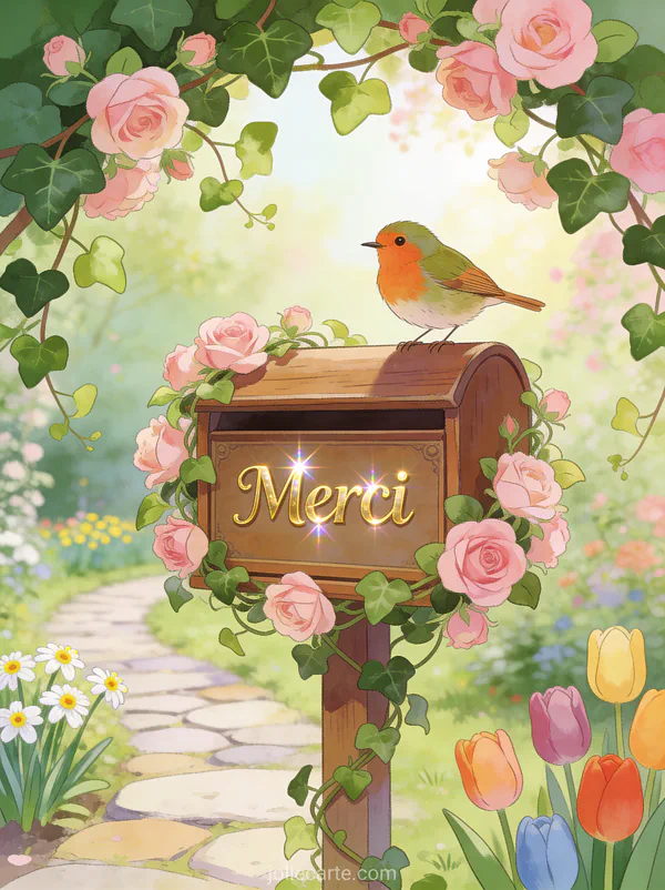 Boîte aux lettres vintage entourée de roses grimpantes avec un rouge-gorge posé dessus et le texte Merci en lettres dorées