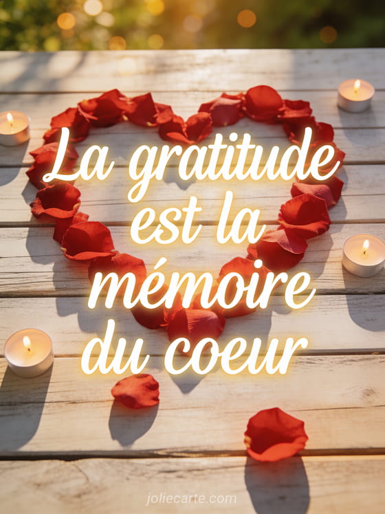 Coeur formé par des pétales de roses rouges sur bois clair entouré de bougies avec le texte La gratitude est la mémoire du coeur en lettres cursives