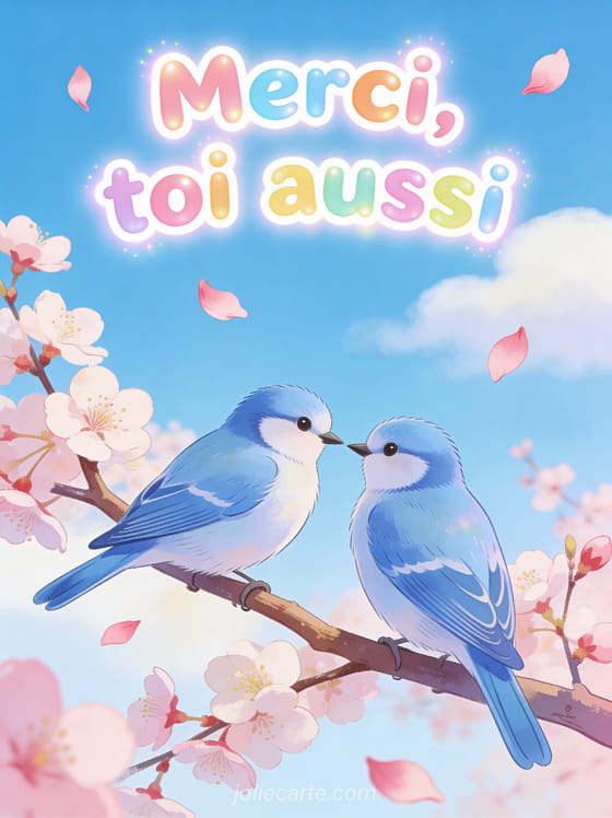 Deux mésanges bleues face à face sur une branche de cerisier en fleurs avec le texte Merci toi aussi en lettres colorées