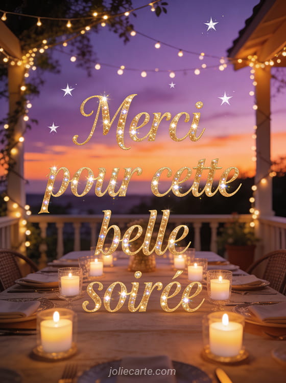 Terrasse d'été au crépuscule avec guirlandes lumineuses bougies et table dressée ciel violet et orangé avec le texte Merci pour cette belle soirée