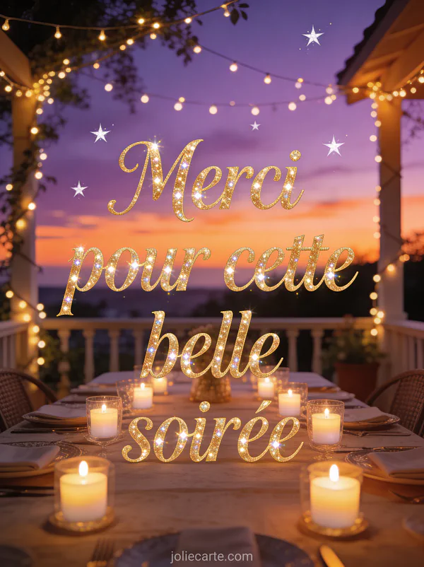 Terrasse d'été au crépuscule avec guirlandes lumineuses bougies et table dressée ciel violet et orangé avec le texte Merci pour cette belle soirée