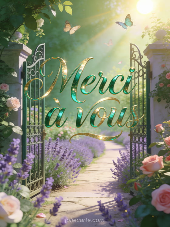 Jardin de lavande en fleurs avec un portail en fer forgé ouvert et des papillons avec le texte Merci à vous en lettres calligraphiées vertes