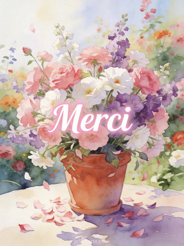 Bouquet de fleurs roses blanches et violettes dans un pot en terre cuite avec le texte Merci en lettres blanches style aquarelle jardin d'été