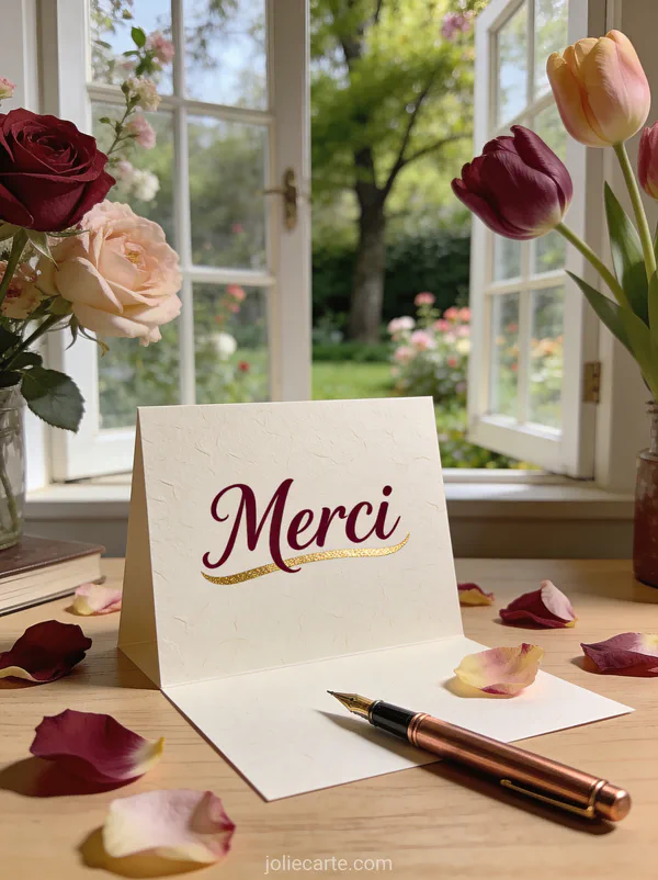 Carte posée sur un bureau avec un stylo plume et des pétales de fleurs printanières avec le texte Merci en lettres manuscrites bordeaux
