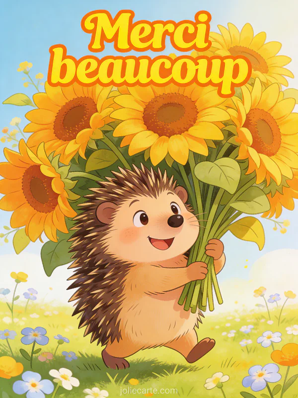 Hérisson rigolo portant un gros bouquet de tournesols dans une prairie printanière avec le texte Merci beaucoup en lettres fantaisie jaunes