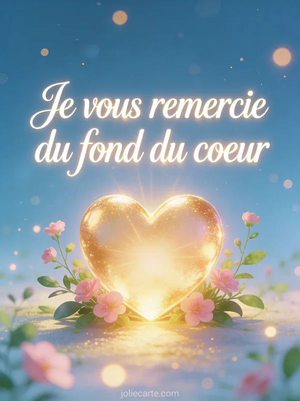 Grand coeur lumineux doré rayonnant entouré de fleurs roses et de feuillage vert avec le texte Je vous remercie du fond du coeur en lettres blanches