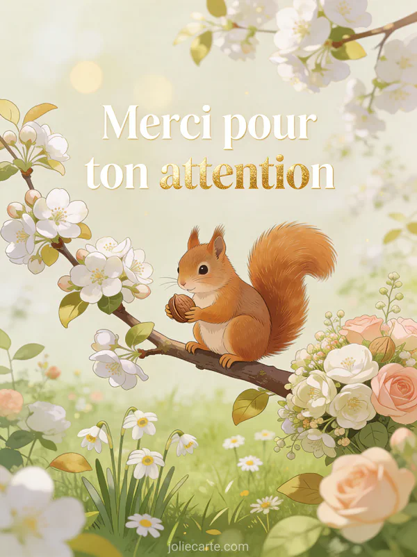 Écureuil roux assis sur une branche de pommier en fleurs tenant une noisette avec le texte Merci pour ton attention en lettres blanches