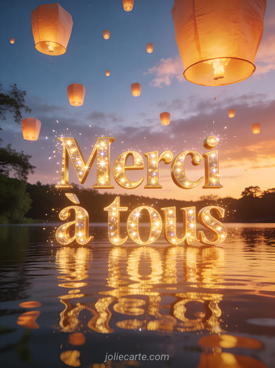 Ciel d'été avec des lanternes volantes lumineuses au-dessus d'un lac calme reflets dorés et crépuscule avec le texte Merci à tous