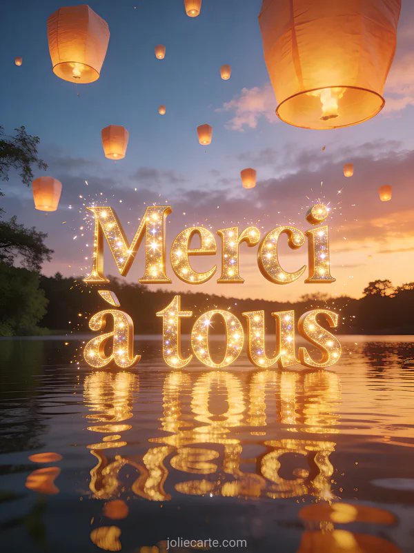 Ciel d'été avec des lanternes volantes lumineuses au-dessus d'un lac calme reflets dorés et crépuscule avec le texte Merci à tous