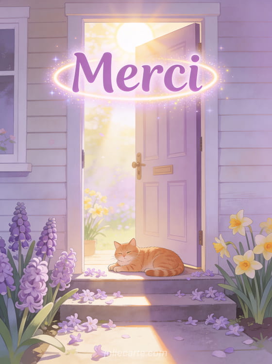 Chat roux allongé sur le pas d'une porte fleurie de jacinthes et narcisses avec le texte Merci en lettres lilas