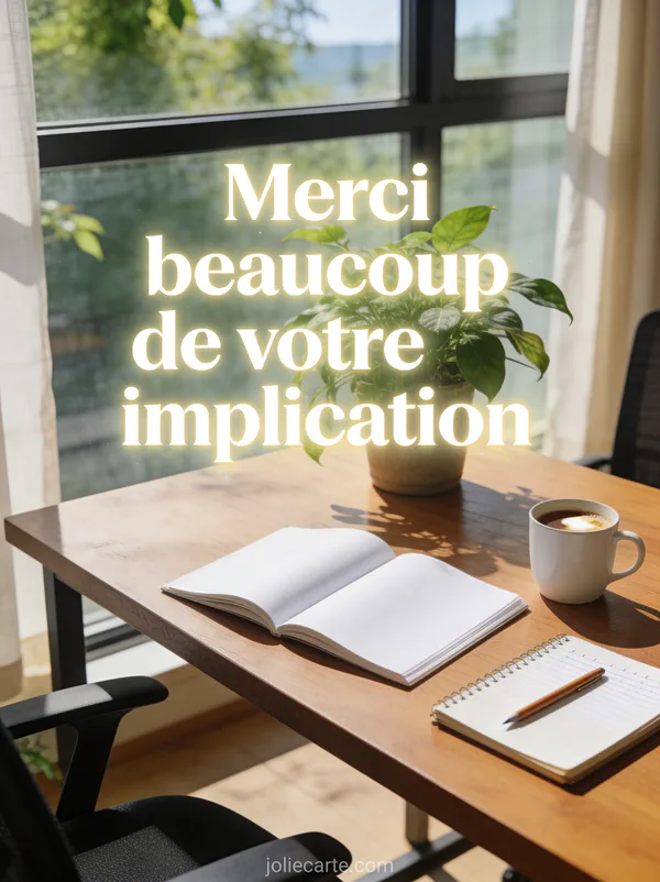 Bureau élégant avec plante verte luxuriante tasse de café et carnet ouvert lumière naturelle d'été par la fenêtre avec le texte Merci beaucoup de votre implication