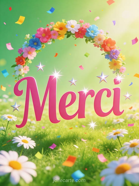 Guirlande de fleurs printanières multicolores avec confettis de pétales et le texte Merci en grandes lettres rose vif avec des étoiles