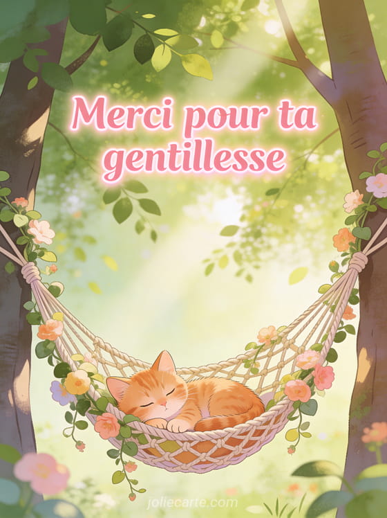 Petit chaton roux endormi dans un hamac en macramé entre deux arbres d'été avec fleurs grimpantes et le texte Merci pour ta gentillesse en lettres roses