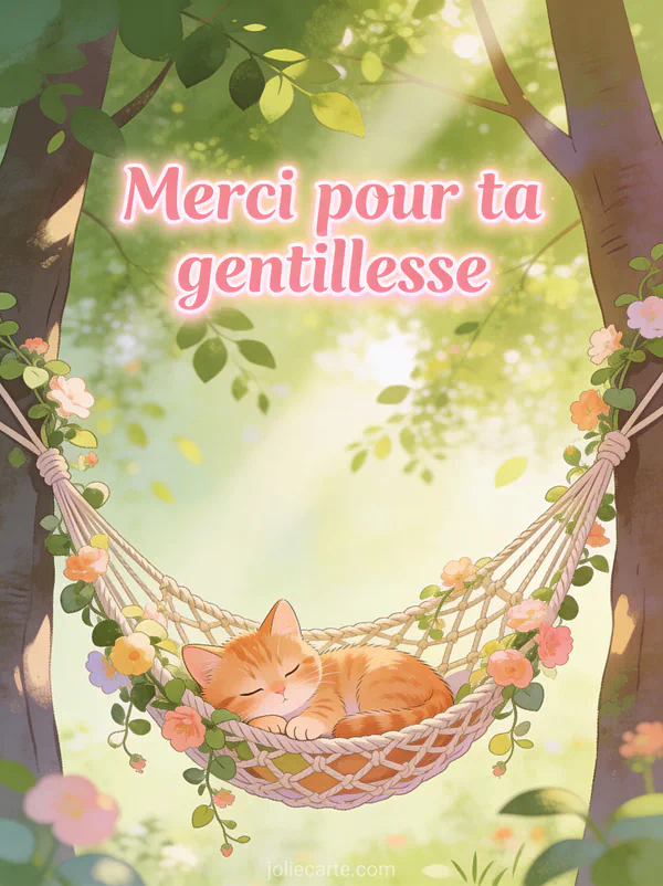 Petit chaton roux endormi dans un hamac en macramé entre deux arbres d'été avec fleurs grimpantes et le texte Merci pour ta gentillesse en lettres roses