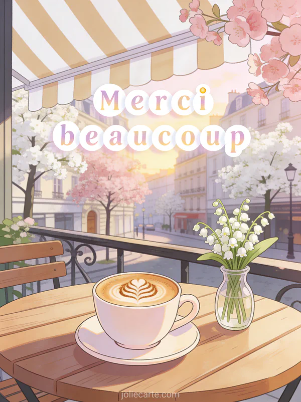Terrasse de café printanière avec une tasse de cappuccino et un vase de muguet sur la table avec le texte Merci beaucoup en lettres blanches