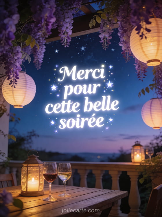 Ciel nocturne d'été étoilé avec terrasse lanternes allumées verres de vin et glycine mauve avec le texte Merci pour cette belle soirée en lettres lumineuses