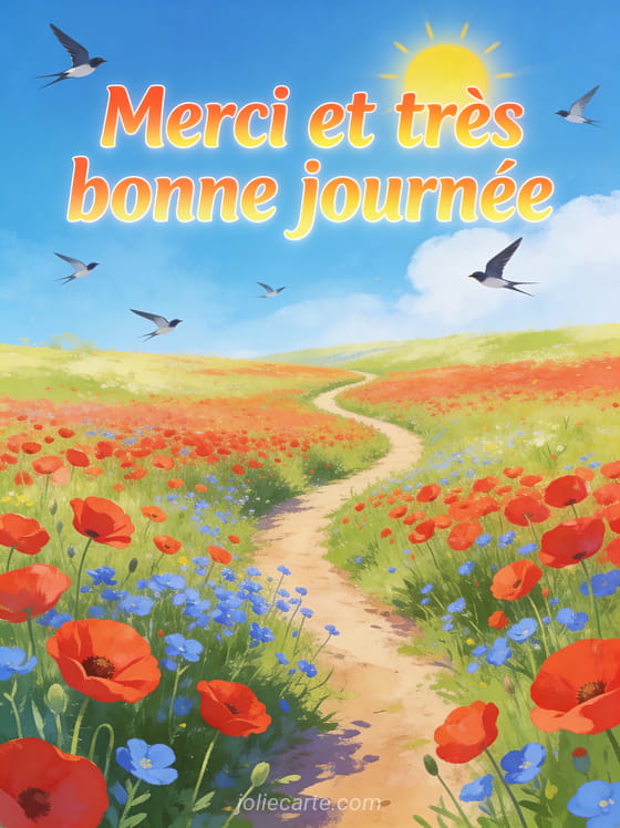 Champ de coquelicots et bleuets sous un ciel bleu de printemps avec des hirondelles et le texte Merci et très bonne journée en lettres orange
