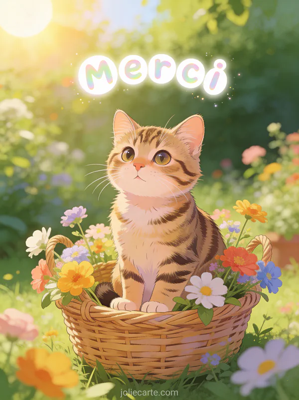 Chat tigré assis dans un panier en osier entouré de fleurs d'été colorées avec un regard tendre et le texte Merci en lettres blanches