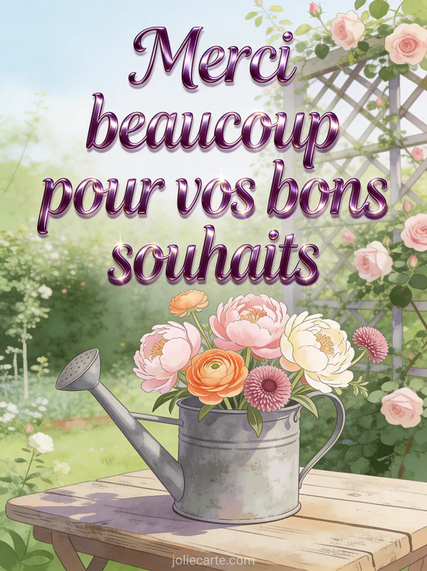 Arrangement de pivoines et renoncules dans un arrosoir en zinc sur une table rustique avec le texte Merci beaucoup pour vos bons souhaits
