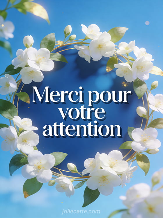 Texte Merci pour votre attention en lettres blanches sur fond bleu profond avec fleurs de jasmin blanches et feuilles vertes formant un cadre délicat