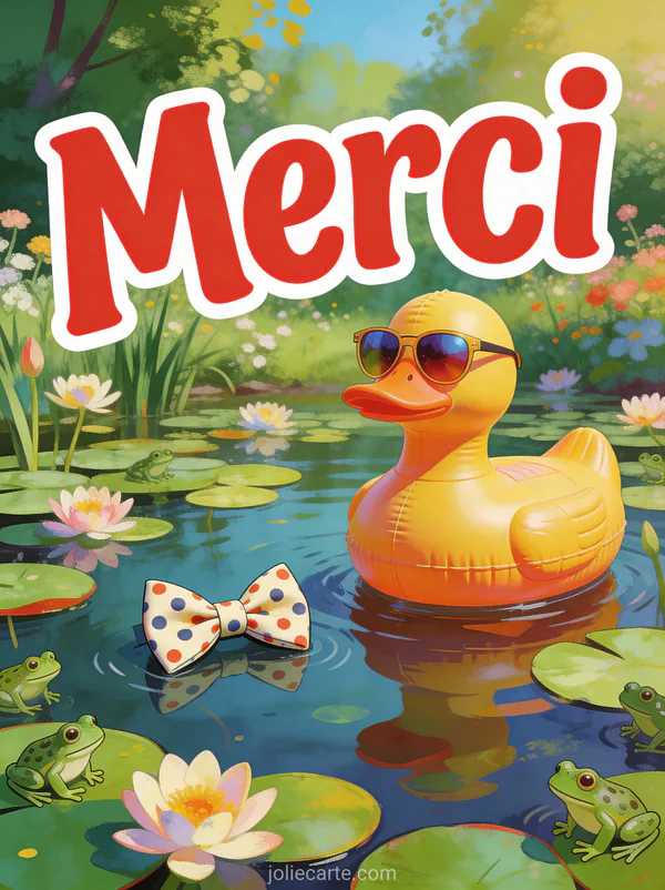 Canard en caoutchouc géant portant des lunettes de soleil dans une mare avec des grenouilles surprises et le texte Merci en lettres rouges